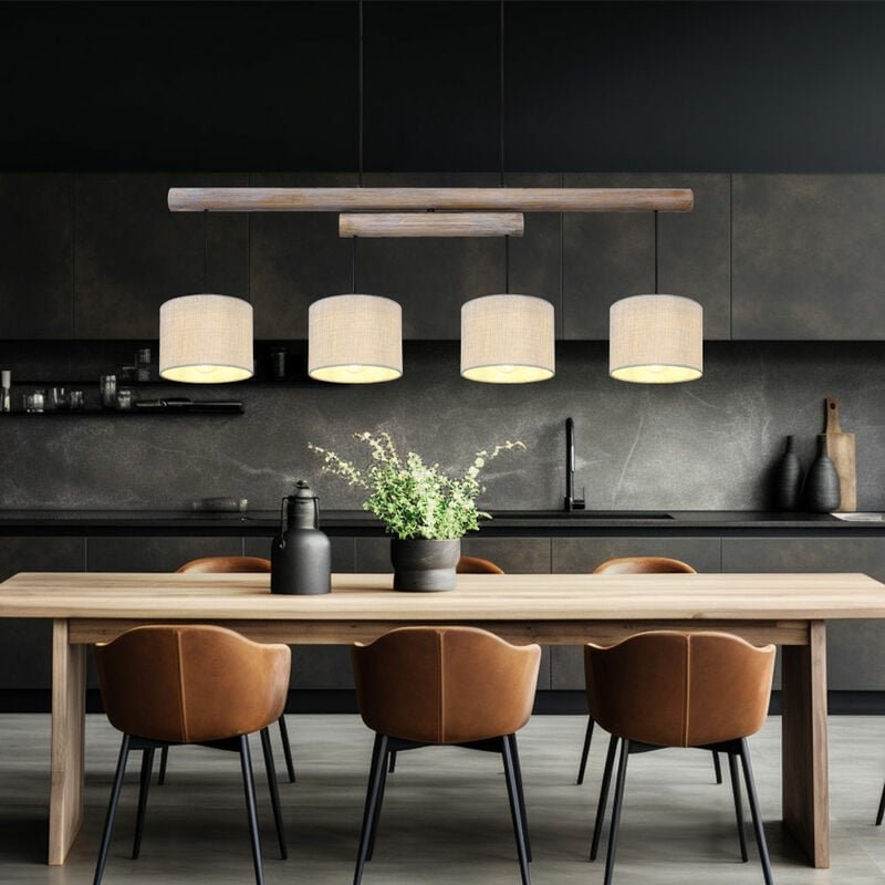 Thumbnail - Decken Pendelleuchte Höhen verstellbar Esszimmer Decken Lampe Holz Balken rustikal, Stoff Schirme grau, Metall schwarz, ...