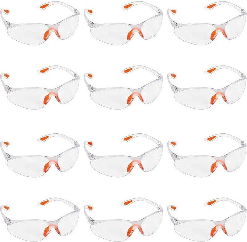 12er-Packung transparente Schutzbrillen – Schutzbrillen mit Kunststoffgläsern, Nasensteg und Bügelenden aus Gummi für zu...
