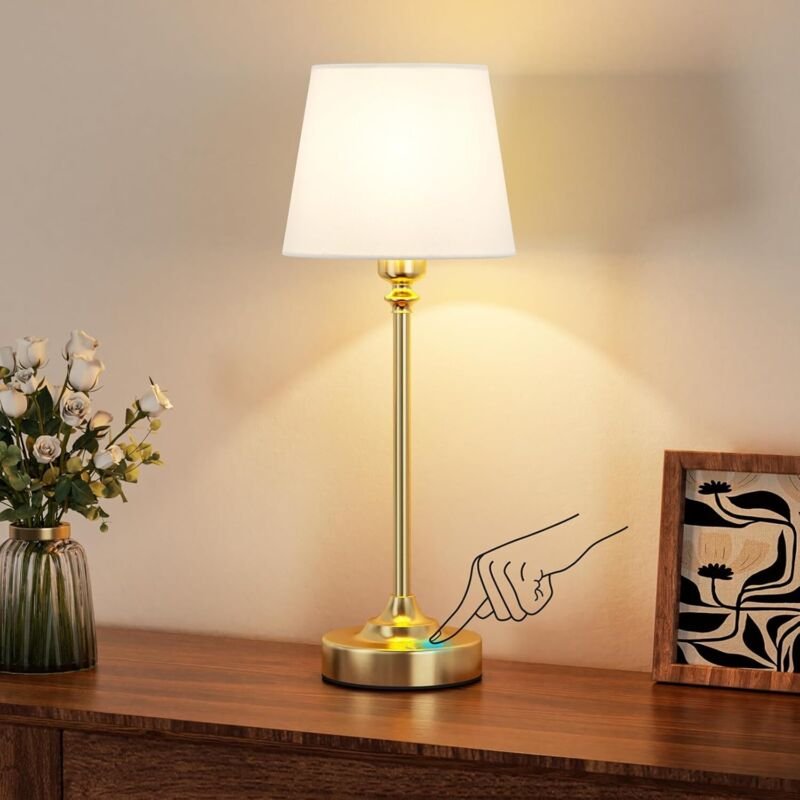 Touch-Nachttischlampe, LED-Tischlampe, kabellos, wiederaufladbarer Akku, stufenloses Dimmen, weißer Leinenschirm, für Sc...