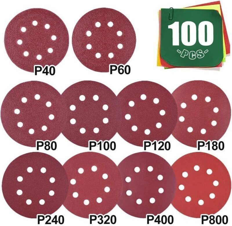 Schleifpapier (Körnung 100), 125-mm-Schleifscheiben (Körnung 40, 60, 80, 100, 120, 180, 240, 320, 400, 800), Schleifsche...