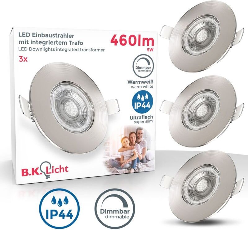 Thumbnail - B.k.licht - Einbaustrahler 68mm 3er Set - 230V, 5W, 460lm, led, dimmbar, IP44, warmweiß, matt-nickel