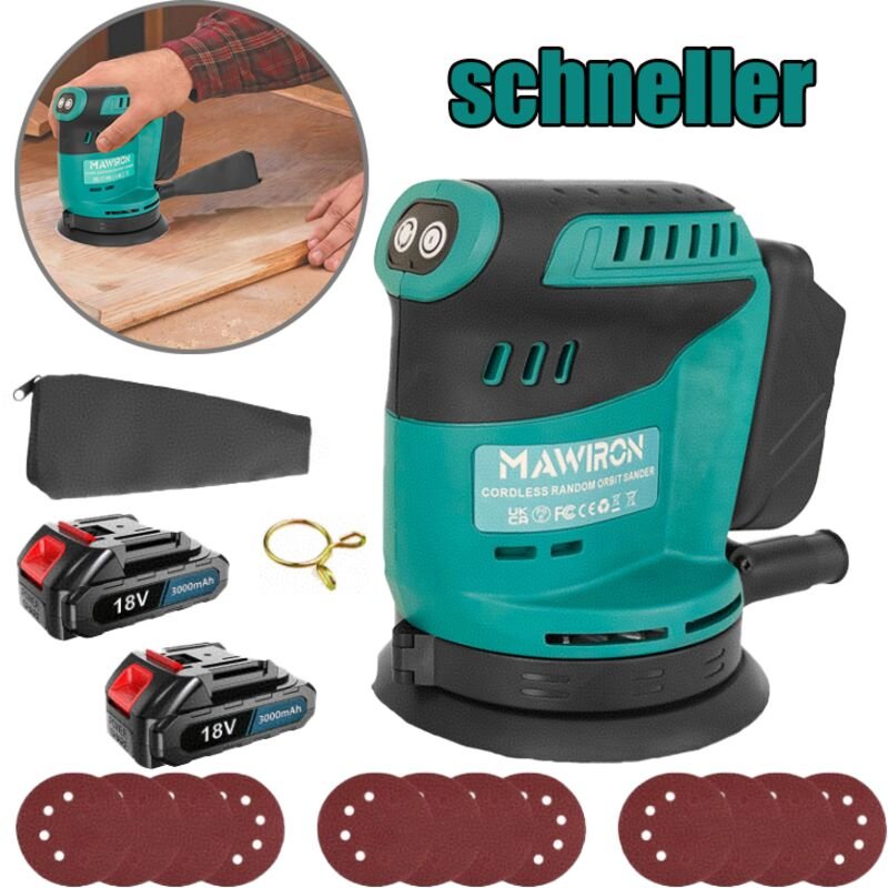 Akku-Exzenterschleifer mit 2 x 18V 3000mAh Akkus, 125mm Durchmesser, 13000 U/min, 3 variable Geschwindigkeiten, 12 Schle...