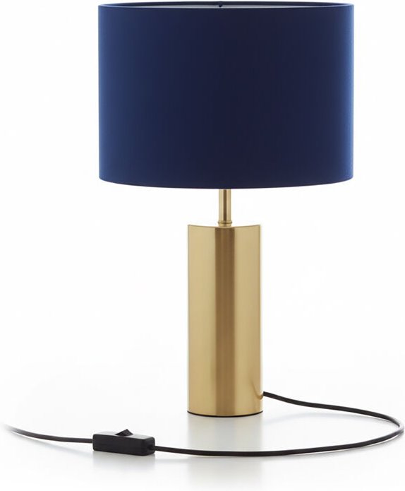 Relaxdays Tischlampe, Samtschirm & Metallfuß, E27, HD 51x32 cm, Nachttischlampe mit Kabel, Schlafzimmer, dunkelblau/gold