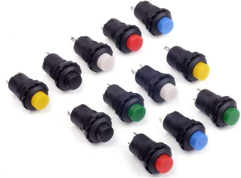 30 Stück 12mm 6 Farben vorverdrahtete Mini-Taster, SPST-Schalter, runde flache Tasten