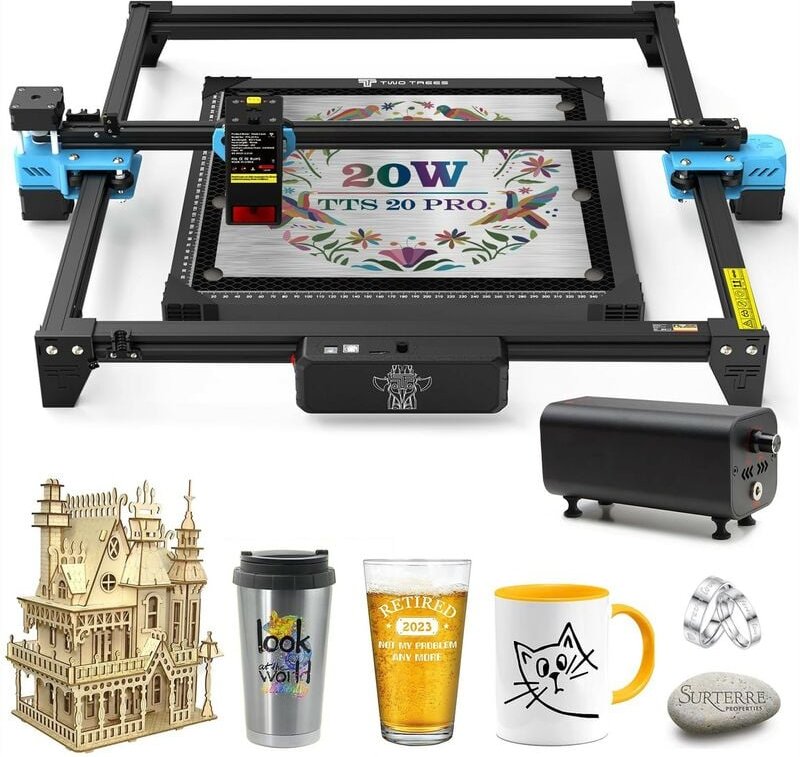 TTS-20 pro Lasergravierer 20 w Laserleistung, Laserschneider mit Wabenlaserbett und Luftunterstützungssatz, zu 95 % vorm...