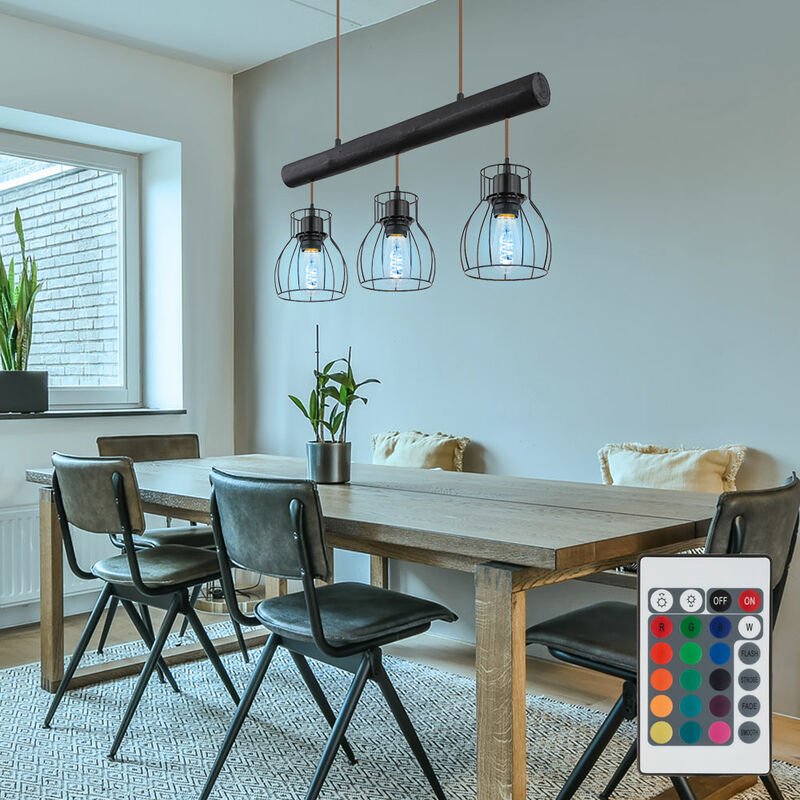 Pendelleuchte Hängelampe Vintage Holzbalken Retro Holzleuchte Mit Gitterschirmen schwarz, Fernbedienung dimmbar, 3x rgb ...