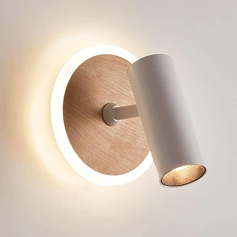 Wandleuchte in Holzoptik, Leselampe am Bett, Einzelkopf-Wandleuchter für den Innenbereich mit 350°+90°-Einstellfunktion