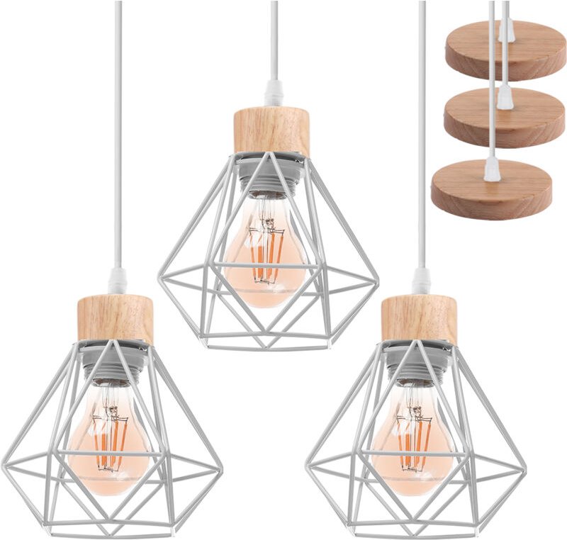 3Pcs Pendelleuchtee aus Holz Eisen Lampenschirm E27 Hängelampe Vintage Höhenverstellbar für Schlafzimmer Esszimmer Küche...