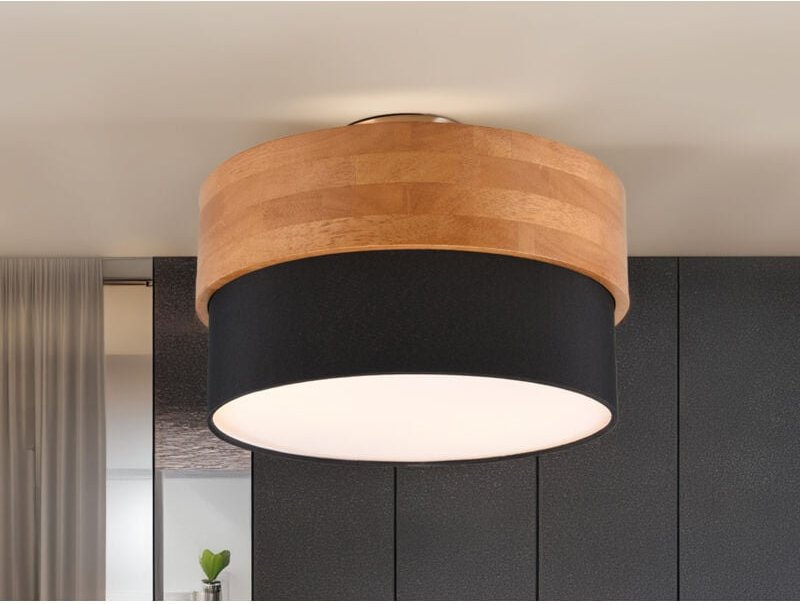 Trio Leuchten - Deckenleuchte seasons Holzlampe mit Stoffschirm Schwarz, ø 30cm