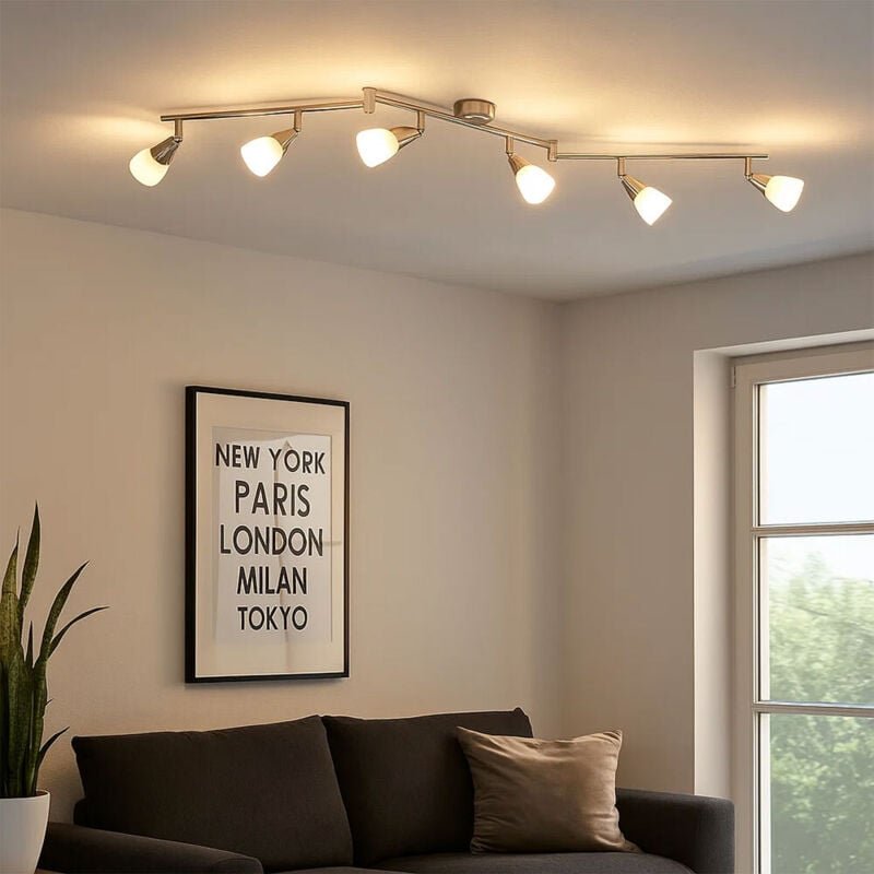 Deckenlampe Spotleiste verstellbar Wohnzimmerlampe Deckenstrahler 6 flammig, Glas opal, Metall verchromt, 6x E14, LxH 14...