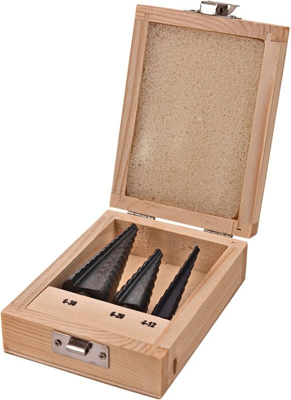 Dema - hss Stufenbohrer Satz Set 3 tlg Holzkasten Schälbohrer Kegelbohrer Kegelsenker