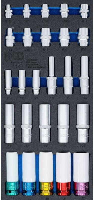 BGS Werkstattwageneinlage 1/3: Steckschlüssel-Einsätze Sechskant tief 11 – 22 mm E-Profil E10 - E22 6,3 mm (1/4") / 10 m...