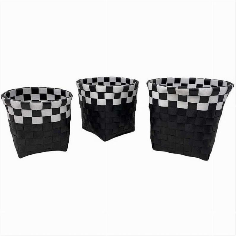 Trade Shop - 3er-Set Badezimmer-Organizer aus Stoff, rund, Schwarz/Weiß, 59073 -