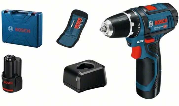 Bosch Akku-Bohrschrauber gsr 12V-15 mit 2x 2,0 Ah + Lader + Bit-Satz im Koffer