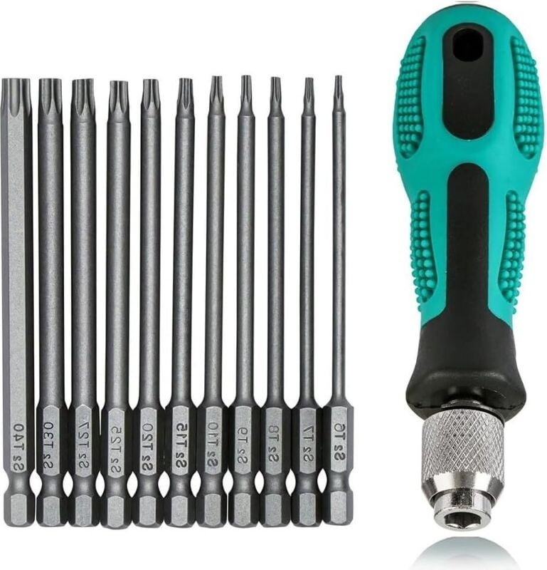 12-teiliger Torx T6-T40 Schraubendrehersatz - Länge: 75 mm - Magnetisch - 1/4" - Mit S2-Bohrung - Stahl - Für Akkuschrau...