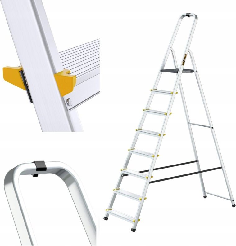 Aluminium-Haushaltsleiter mit Haken, 8 Stufen, Tragkraft 150 kg, DRABEST