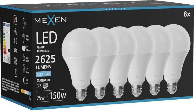 Mexen Nova 6x LED-Glühbirne E27, A95, 25W, Kalt - 6500K, 2625 lm - L100-E27-2565-01x06
