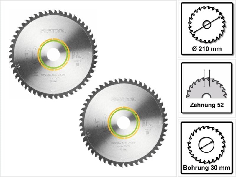 Festool Feinzahn Kreissägeblatt Set 2x 210 x 30 x 2,4 mm W52 210 mm ( 2x 493199 ) 52 Zähne