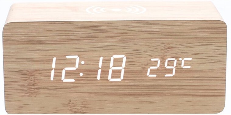 Cyslmuk - 1 x beige Holzwecker mit kabellosem Qi-Ladegerät, kompatibel mit iPhone, Samsung, Holz-LED-Digitaluhr, Klangst...