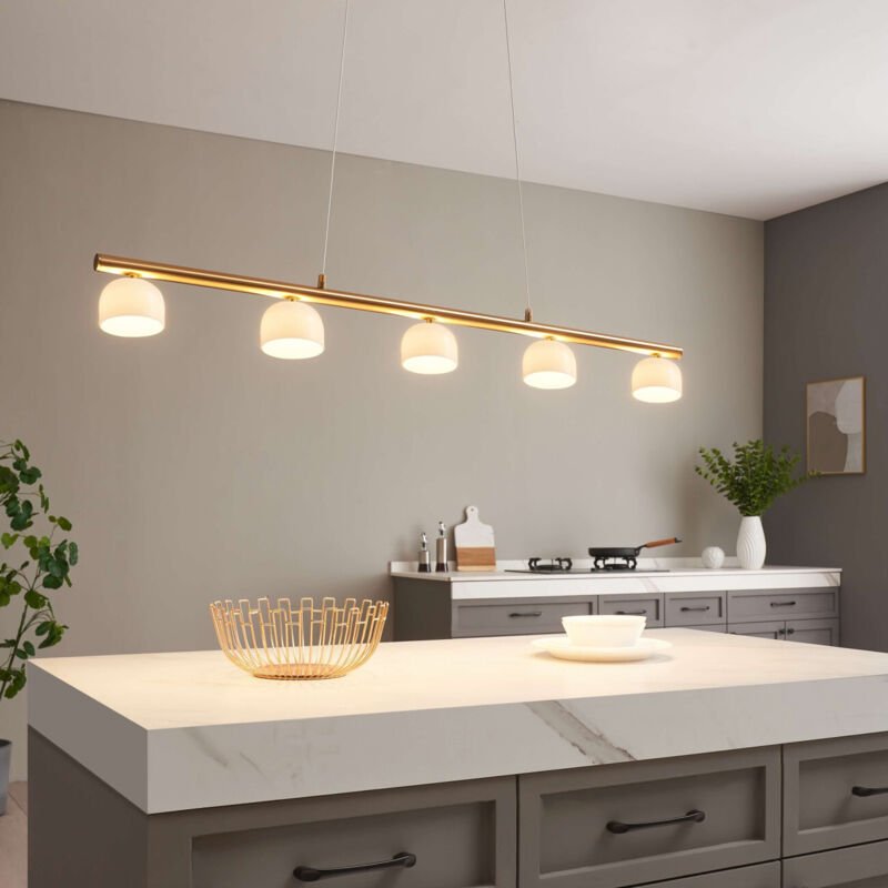 Lange LED-Hängeleuchte aus Messing mit 5 Glaskuppeln - Nysséa