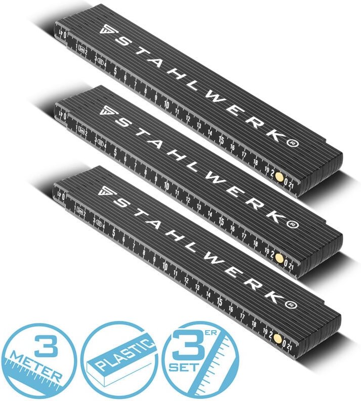 Stahlwerk - Zollstock 3er Set 3 Meter präziser Kunststoff-Gliedermaßstab Meterstab