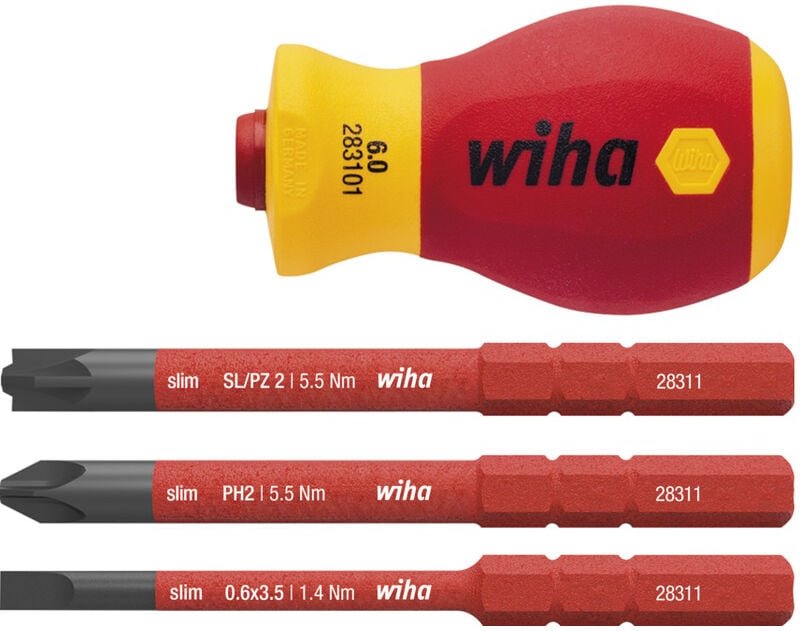 Wiha - Schraubendreher mit Bithalter Set electric slimVario® (41230), 4 tlg., Griff mit Bits vde, Schraubendreher kurz f...