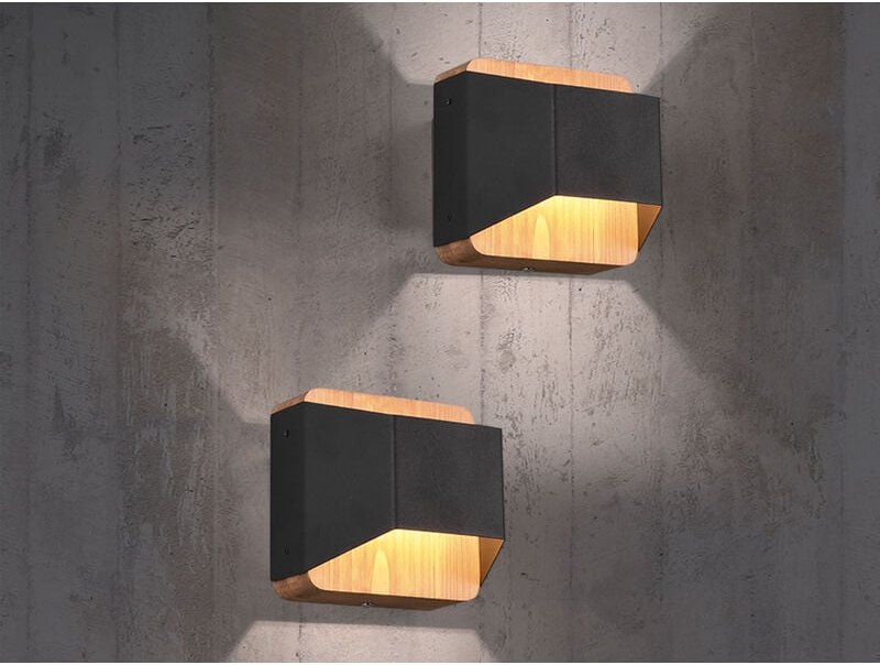 Led Holz Wandlampen 2er Set Up and Down mit Stufen Dimmer Schwarz, Höhe 12cm