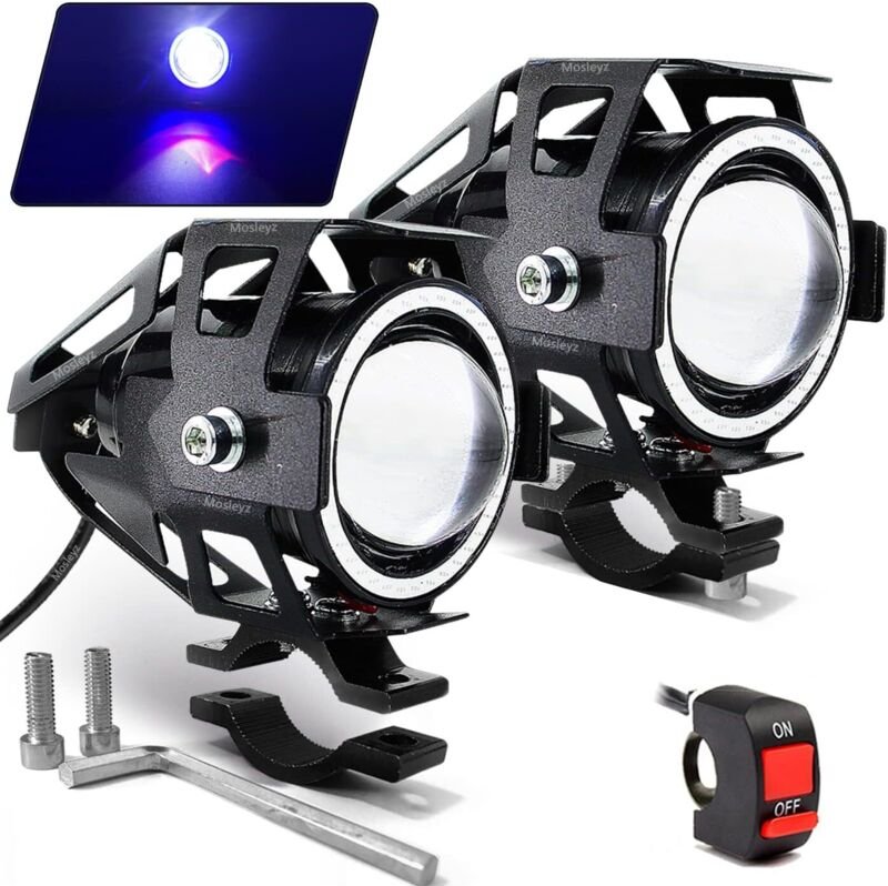 Motorrad-LED-Nebelscheinwerfer U7 Spotlight Tagfahrlicht mit Angel Eyes Halo-Ring und Schalter (2er-Set), Blau