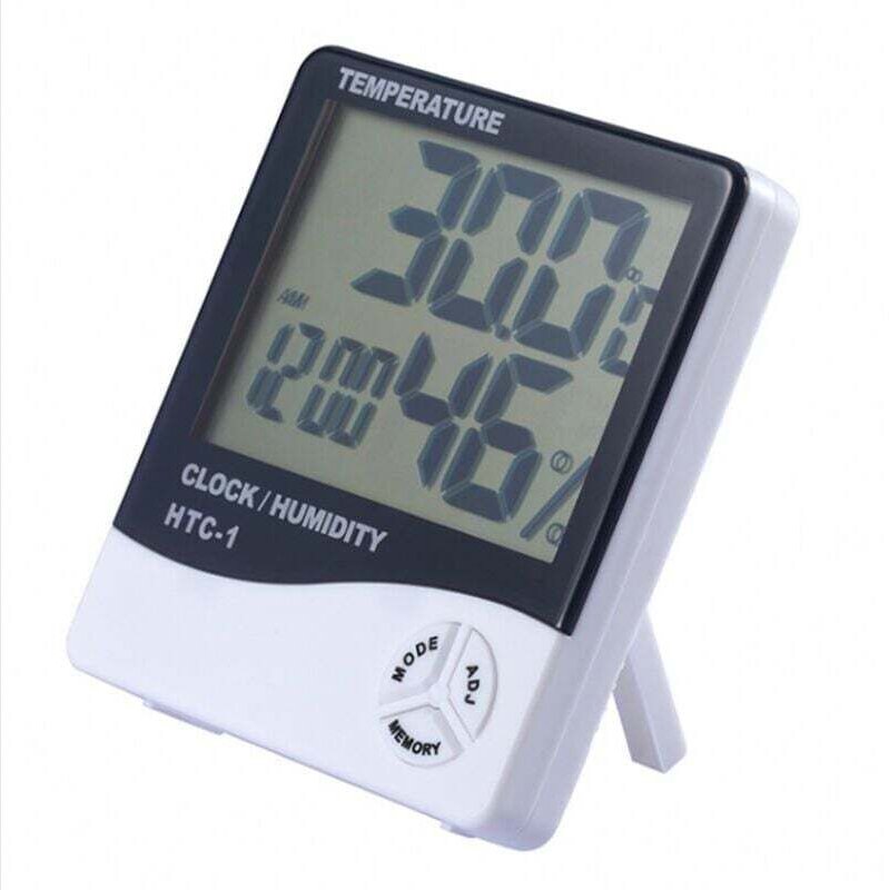 Digitales LCD-Thermometer-Hygrometer mit Wecker: Misst Temperatur und Luftfeuchtigkeit, Weiß, Modell HTC-1