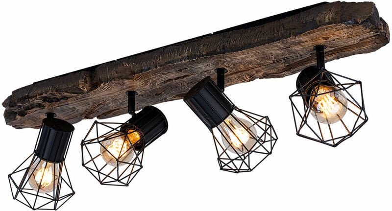 Landhaus Deckenleuchte braun schwarz Deckenstrahler 4 Flammig Holzoptik Deckenlampe Schlafzimmer Metall, Gitter Schirme,...