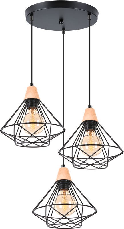 Industriell Pendelleuchte 3-flammige Metall Hölzern Lüster in Rautenform Ø22cm Kronleuchter E27 für Wohnzimmer Schlafzim...