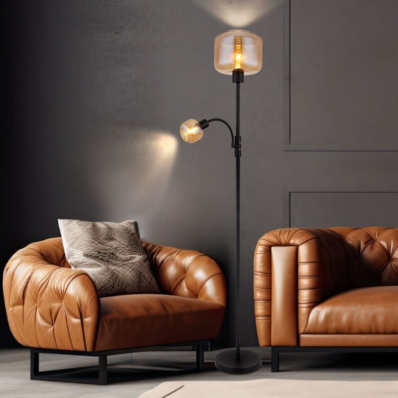 Stehlampe Stehleuchte Wohnzimmerlampe Deckenfluter Schlafzimmerlampe Beistellleuchte, Metall Glas amber schwarz, Flexo-S...