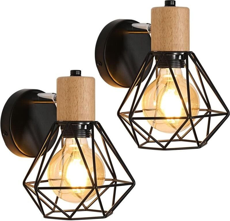 GOECO 2 Stück Vintage-Industrie-Wandleuchte, um 360° drehbare Holzwandleuchte, E27-Metall- und schwarze Eisenkäfiglampe ...