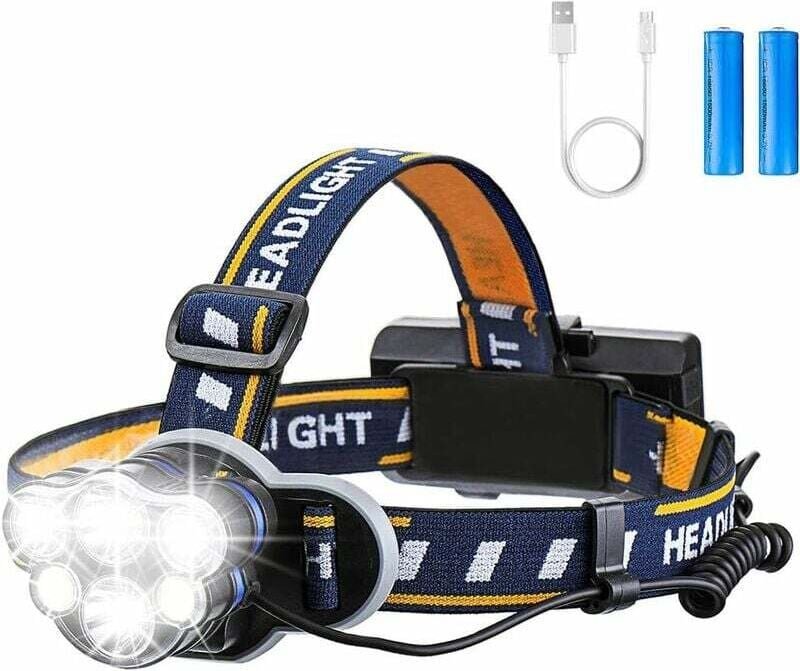 Thumbnail - Superhelle Stirnlampe, wiederaufladbare LED-Taschenlampe mit 6 LEDs, 12000 lm, 8 Beleuchtungsmodi, mit USB-Kabel und 2 B...