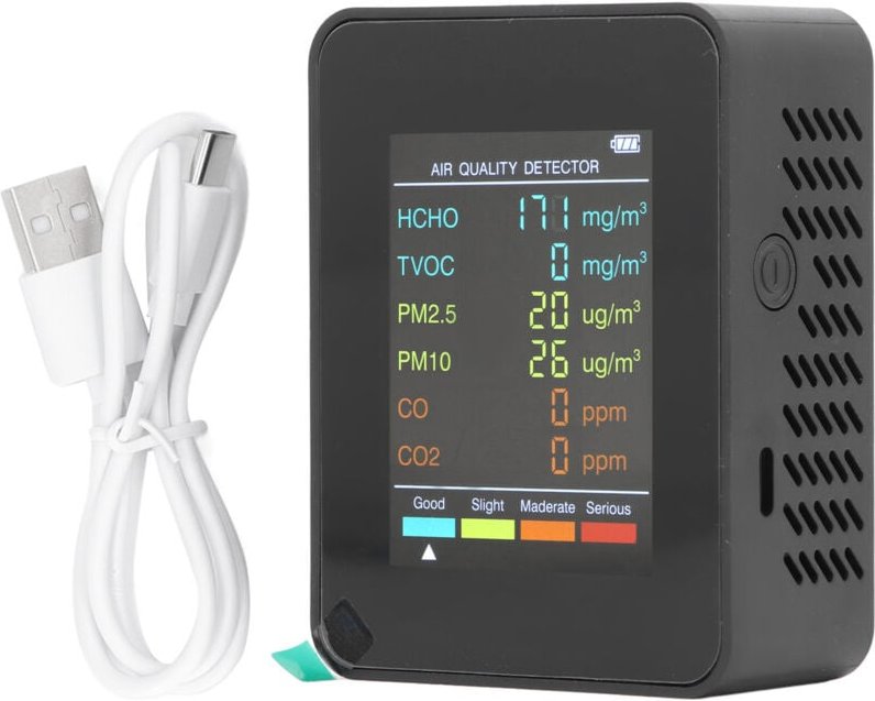 Luftqualitätsmessgerät mit USB-Ladefunktion. Vielseitig einsetzbar in verschiedenen Räumen. CO₂-Monitor für Büros. (Schw...