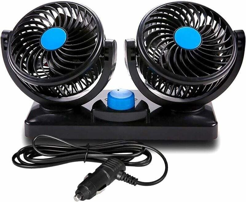 Ventilador de coche de 12 V con dos cabezales giratorios, silencioso, giratorio 360 grados, 2 velocidades ajustables, co...