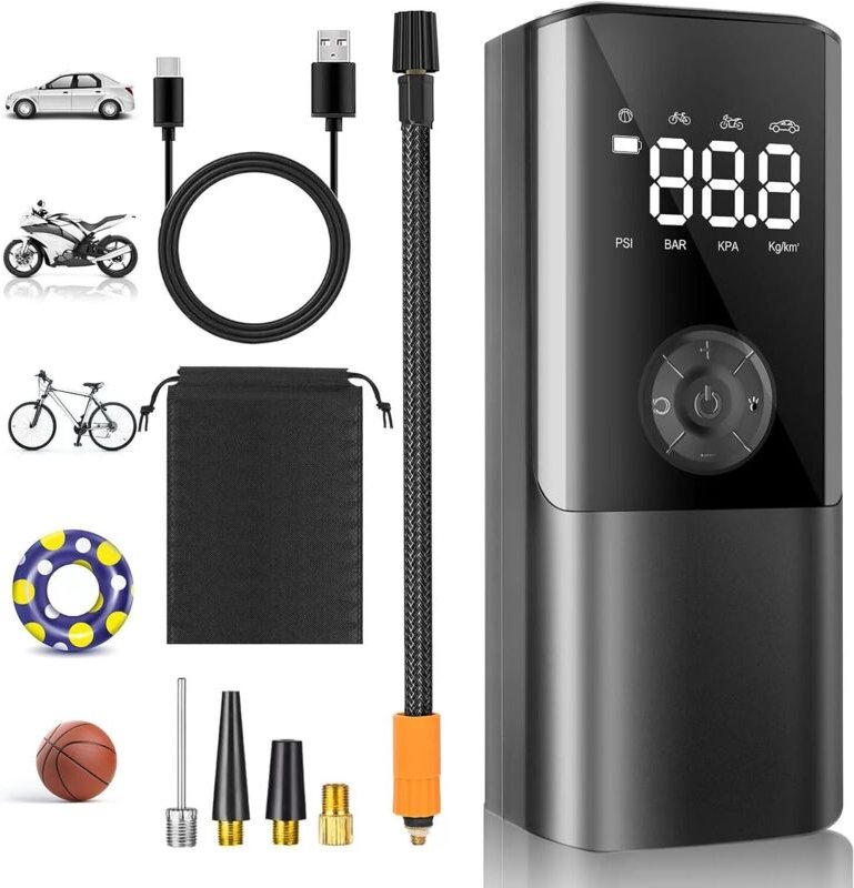 6000 mAh Reifenfüller, 150 PSI, Manometer, elektrisch, Fahrrad/Matratze/Airbag.