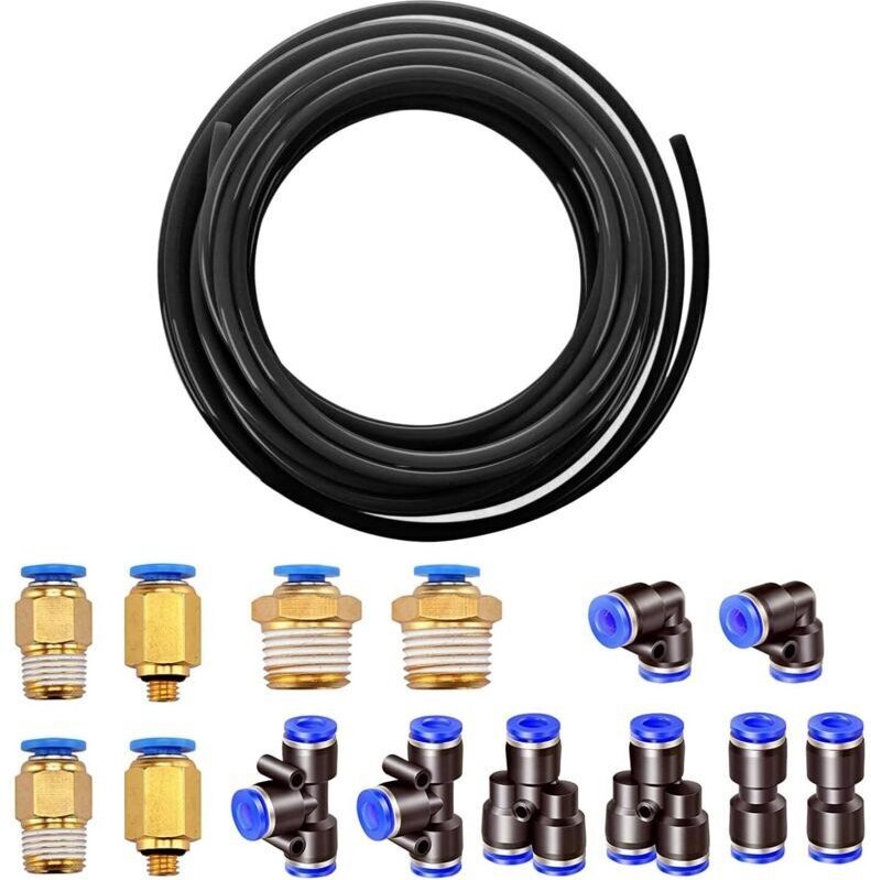 10 m Polyurethan-Pneumatikschlauch 6 mm Schwarz, PU-Luftschlauch, mit 14 Pneumatikverbindern 4 mm (2 gerade, 2 Winkel, 2...