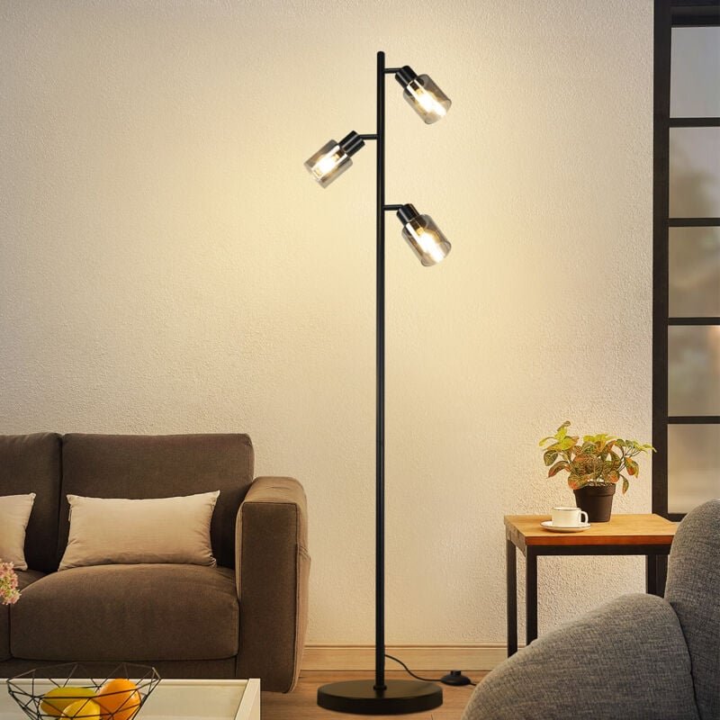 Stehlampe Vintage Wohnzimmer Schwarz: Stehleuchte Industrial Standleuchte 3 flammig aus Glas E14 Fassung Metall Standlam...