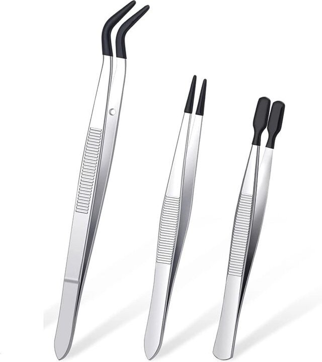 3-Teilige Pinzetten mit Gummispitzen PVC-Beschichtetes Pinzetten-Set, Gummipinzetten Gerader und Flacher Spitze Schwarz