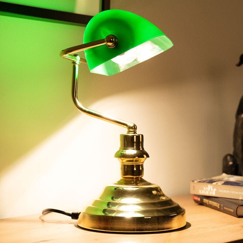 Thumbnail - Etc-shop - Tischleuchte Bankerlampe Messing Schreibtischleuchte Büroleuchte grün, 1x E27, LxBxH 25x19x36 cm, Arbeitszimm...