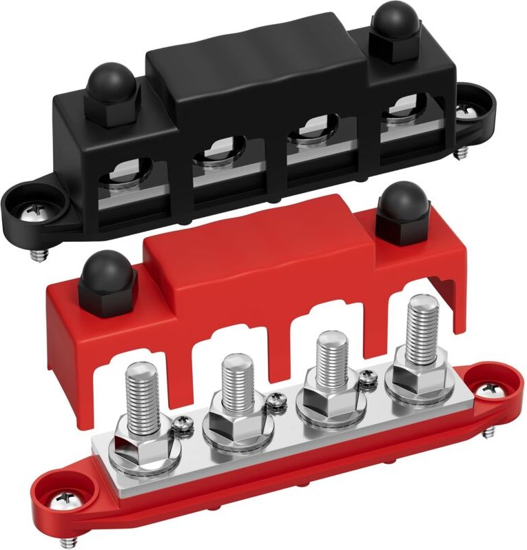 12V 250A Sammelschiene für maritime Anwendungen, mit 4 M10 (3/8") Klemmen und 3 Nr. 8 Schrauben (positiv/negativ), kompa...