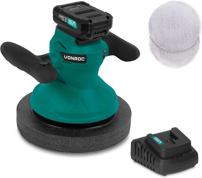 Vonroc - Poliermaschine 20V - Ø240mm - Inkl. 2 Polierhauben - Inkl. 2.0Ah Akku und Schnellladegerät