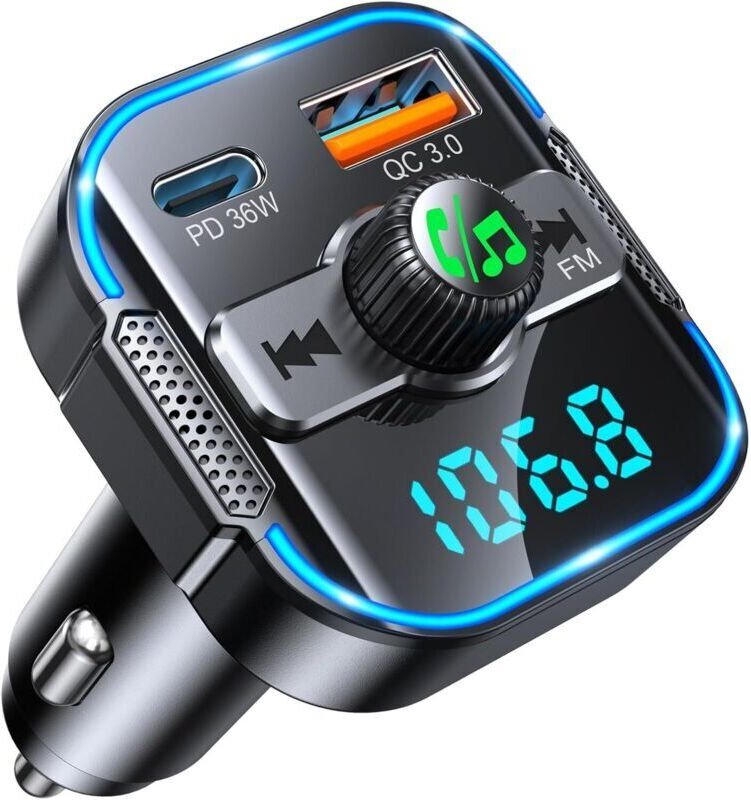 Bluetooth-Freisprecheinrichtung fürs Auto, Bluetooth 5.3 FM-Transmitter und 36W PD + 18W QC3.0 Schnellladegerät, Autorad...