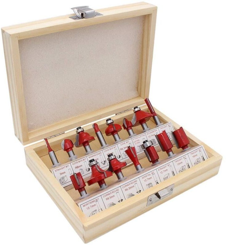 15-teiliges 6,35-mm-Schaft-Wolframkarbid-Fräser-Set, Schlitzfräser, Holzfräser, Fräser, Fräser-Bit-Set mit Holzetui