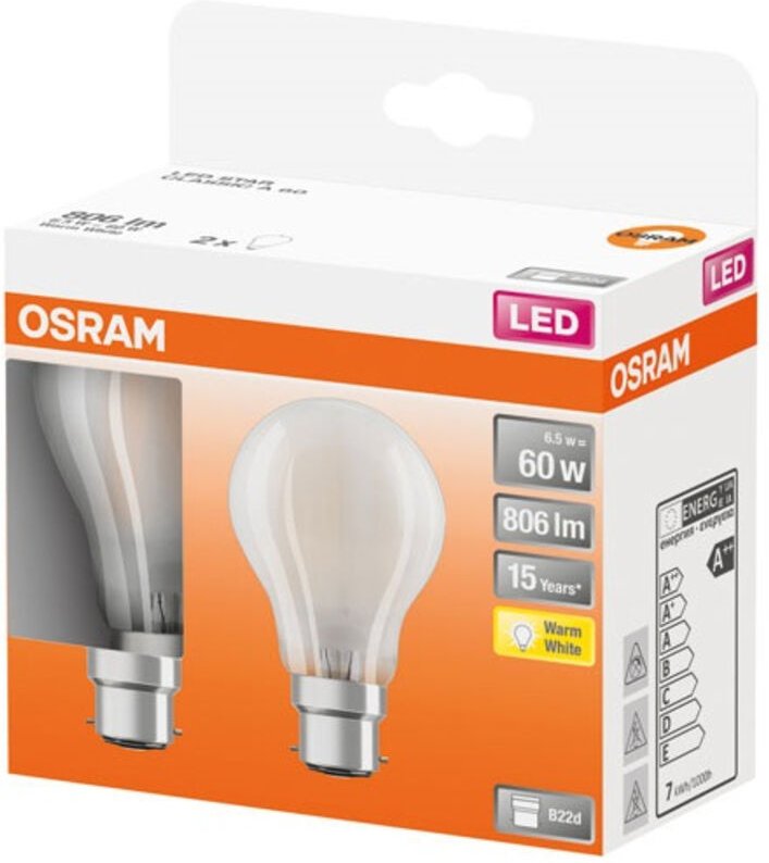 Standard-LED-Glas Milchglas 6,5 W B22 Warmweiß Packung zu 2 - Osram