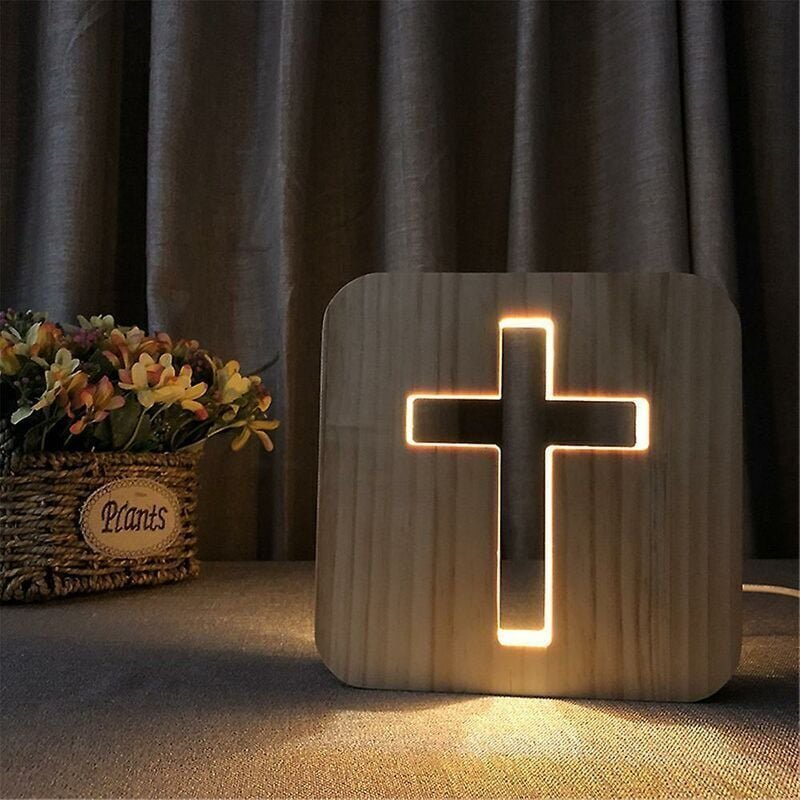LaBlanc – 3D-LED-Nachtlicht mit Jesus-Kreuz – wiederaufladbar über USB, kreuzförmige Nachttischlampe aus Holz für Schlaf...