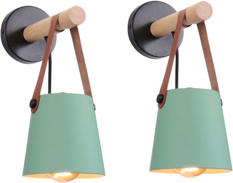 2er Wandleuchte aus Holz Innen, Moderne Wand Lampe mit Leder Lampenschirm, Eisen Wandbehang Lampe für Schlafzimmer Wohnz...