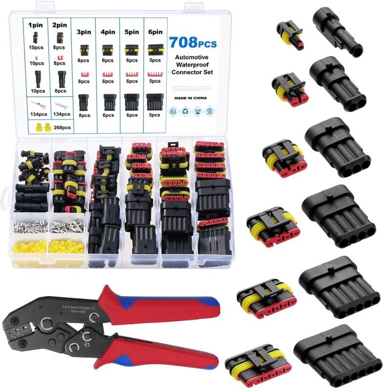 708-teiliges Set wasserdichte Steckverbinder mit Crimpzange, 1/2/3/4/5/6-polige Auto-Kfz-Stecker wasserdicht, wasserfest...