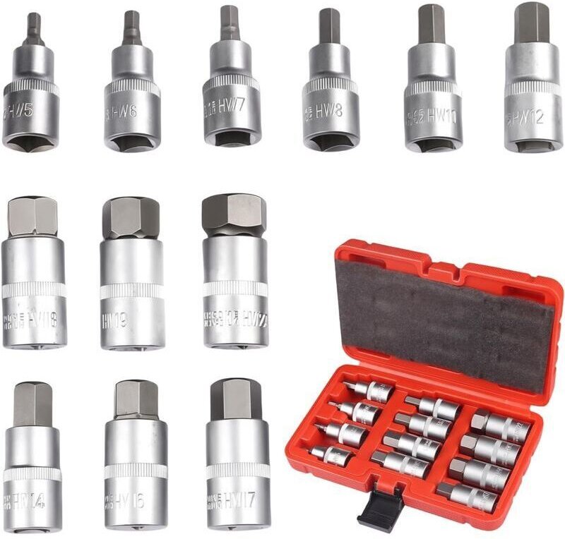 12-teiliger 1/2"-Inbusschlüsselsatz mit Kunststoffkoffer, 5-22 mm Innensechskantnüsse, 1/2"-Inbusschlüssel, 5-22 mm Inne...